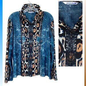 Nygard Denim & Leopard Print Mesh Zippered Top Sz L